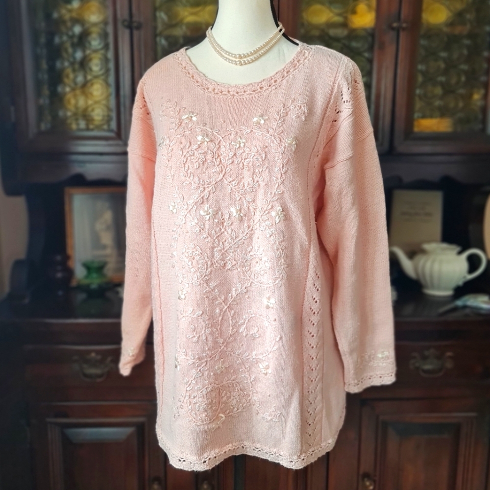 SOLD Vintage Shenanigans Pink Embroidered and Beaded Sweater size Medium+